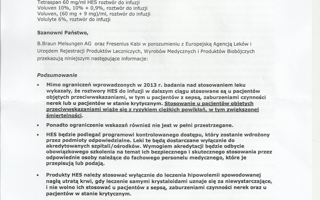 Komunikat od producenta leku Fresenius Kabi Polska Sp. z o. o. oraz Aesculap Chifa Sp. z o. o.